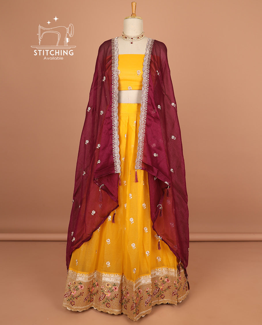 Yellow floral motifs embroidery half saree with contrast with floral vine embroidery border , embridery blouse & floral embroidery scallop border dhavani