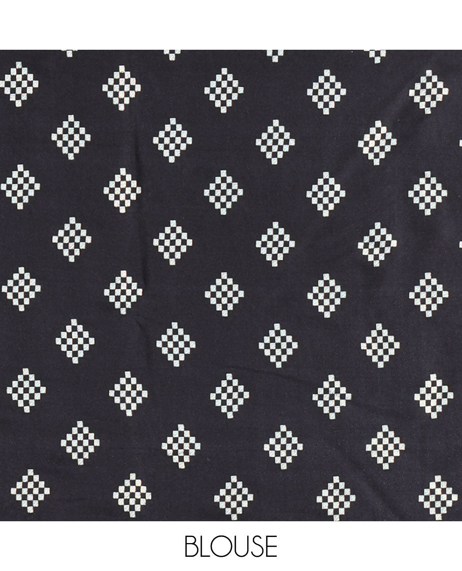 Black and Blue Satin Crepe Saree, Spotlighted with Floral Vine Print All Over Its Body, Complemented by a Contrast Foil Printed Checked Border, Pallu Steeped with Stripes, and Paired with a Matching Blouse