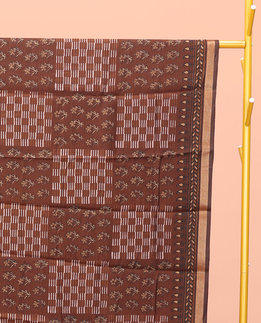 Brown Kanchi Cotton Saree, Detailed with Floral Motifs and Geometric Patterns All Over Its Body, a Subtle Self-Border, Pallu of Floral Designs, and Paired with a Matching Blouse