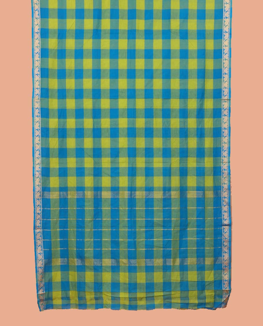 Multi-Color Nine-Yard Cotton Saree with Checks All Over Its Body, Subtly Woven Self-Border of Paisley and Bird Designs, Pallu of Stripes, and Comes Without a Blouse