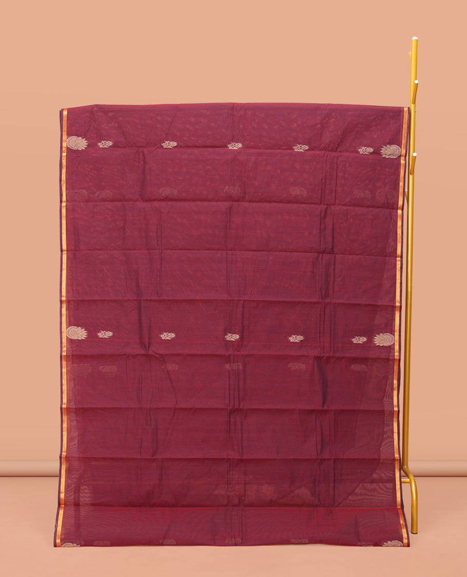 Wine Kanchi Cotton Saree, Subtly Woven with Buttas on Its Body, A Subtle Piping Border, Pallu of Intricate Design, and a Matching Blouse