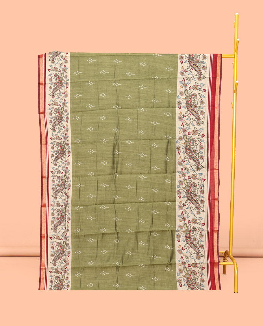 Green Mul Mul Cotton Saree, Enriched with Ikat Buttas, Contrast Kalamkari Floral-Peacock Border, Kalamkari Printed Pallu, and a Contrast Blouse