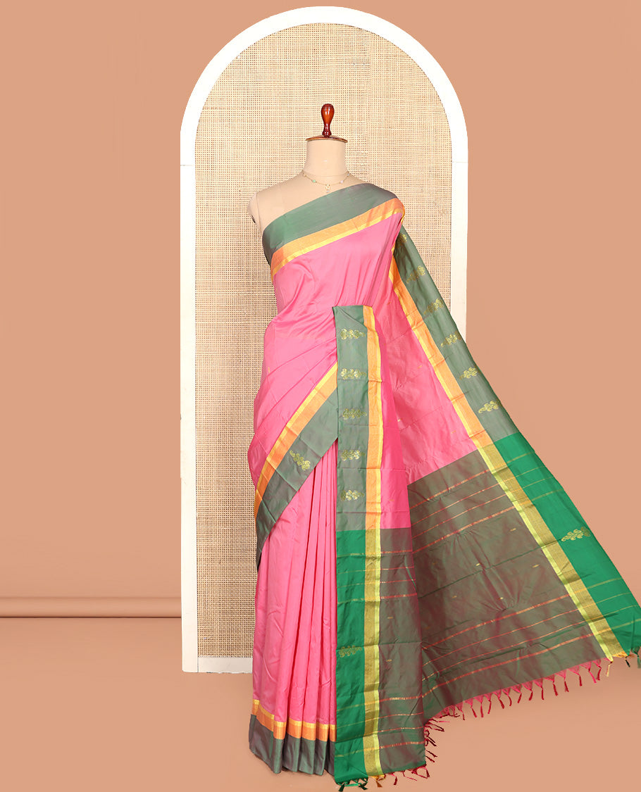 Pink Aarani Silk Saree, Embellished with Buttas on Its Body, Complemented by a Contrast Border, Pallu of Stripes and Buttas, and Paired with a Contrast Blouse