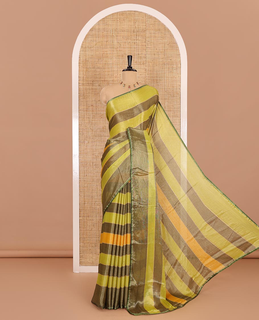Green horizontal striped fendy chiffon saree, piping border, striped palu, and blouse of sequins and zari buttas