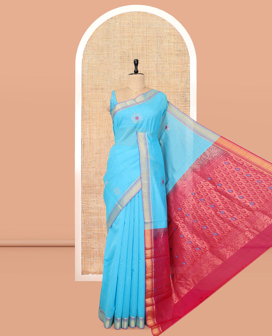 Blue Silk Cotton Saree, Subtly Sparkled with Zari Buttas, Zari Border, Contrast Intricate Pallu, and a Contrast Blouse