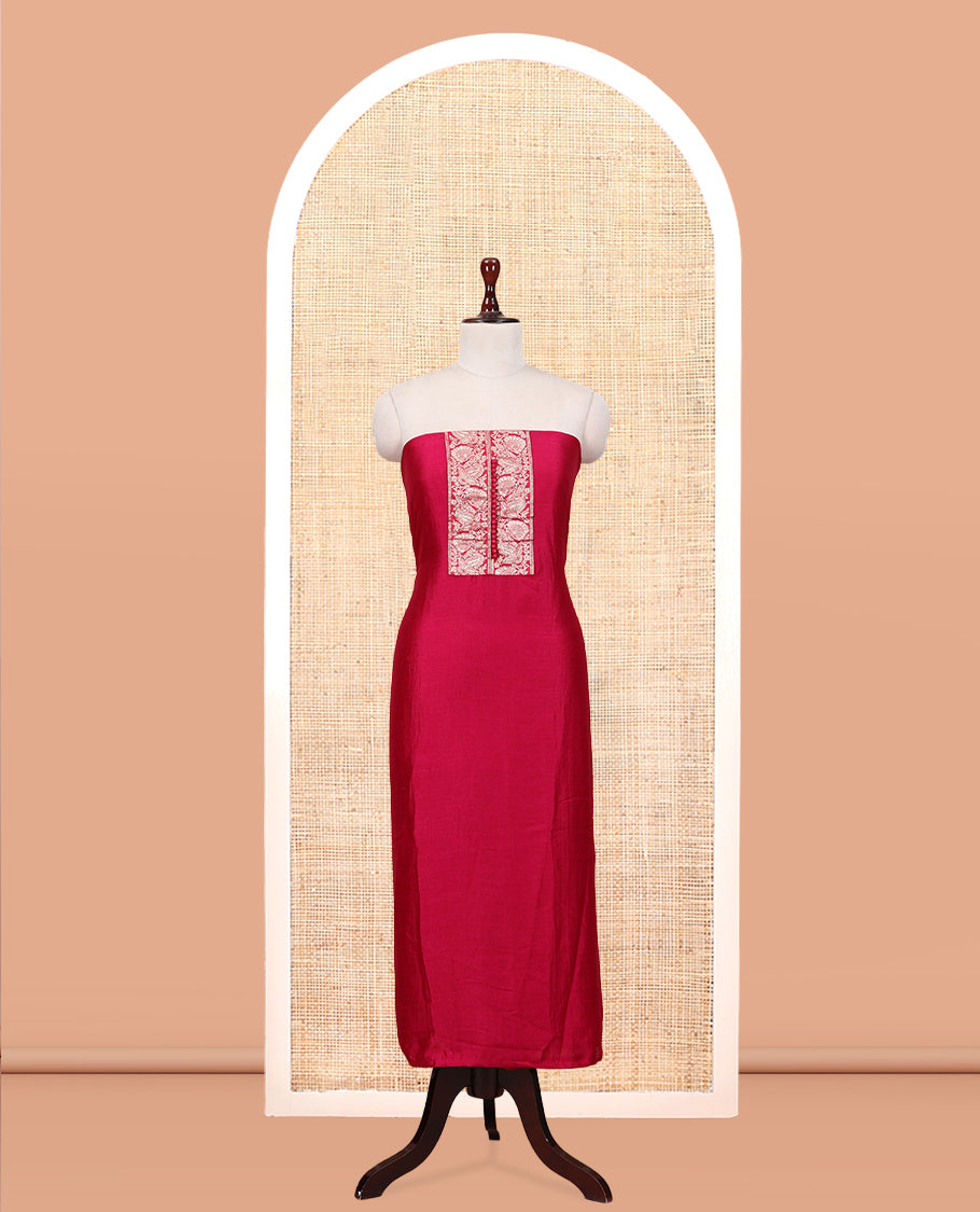 Rani Pink Material Churidar Set Features Gold Zari Neck Work Top, a Plain Santoon Bottom, a Banarasi Dupatta