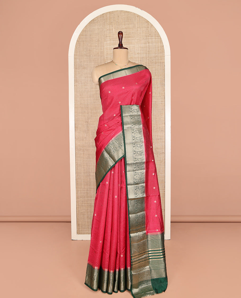 Red Dupion Silk Saree, Detailed with Zari Buttas and Micro-Checks, Complemented by a Contrast Traditional Zari Design Border, Zari Striped Pallu, and Has a Contrast Blouse