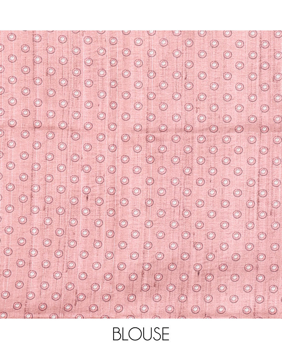 Chikku and Onion Pink Plain Semi-Tussar Saree Accentuated with a Contrast Temple Kalamkari Floral-Printed Border, Featuring a Pallu Adorned with Kalamkari Peacock Print, Paired with a Printed Blouse