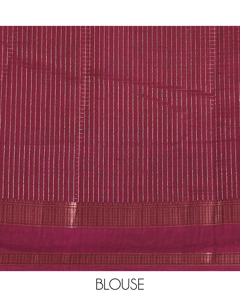 Rust Orange Moss Chiffon Saree Subtly Sparkled with Zari Checks All Over Its Body, Complemented by a Contrast Traditional Zari Design Border, Striped Pallu, and Paired with a Contrast Blouse