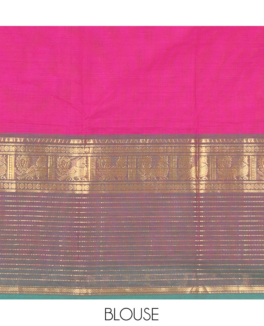 Dark Purple Plain Chettinad Cotton Saree, Complemented by a Contrast Traditional Zari Peacock Border, Striped Pallu, and Matching Blouse