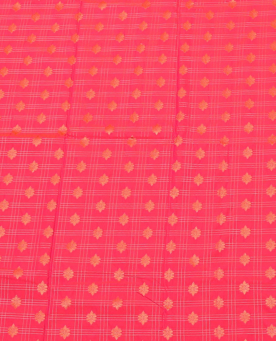 Pink Art Silk Pavadai Material Set, Subtly Enriched with Zari Butta Enclosed Checks on Its Skirt, Complemented by a Contrast Traditional Zari Design Border, and Paired with a Contrast Blouse