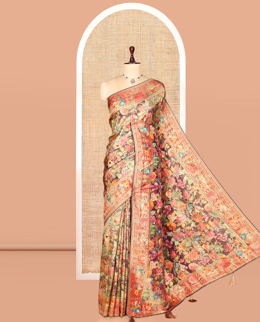 Dark Purple Tropical Floral Russian Dola Tissue Saree, Floral-Bird Border, and a Matching Blouse