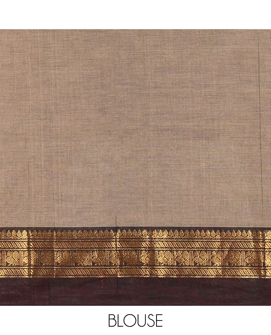 Light Brown Plain Chettinad Cotton Saree, Complemented by a Contrast Kal Erangina Traditional Zari Border of Peacock Designs, Subtly Striped Pallu, and Paired with a Matching Blouse