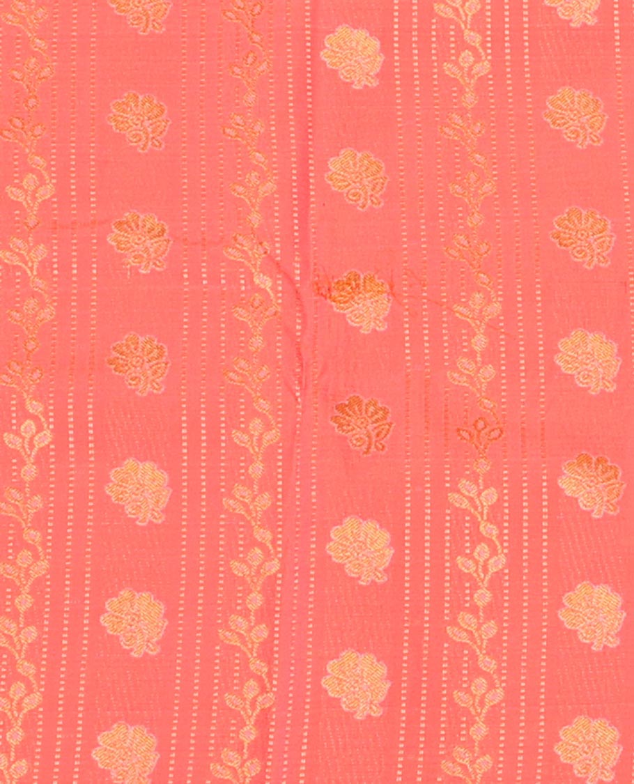 Peach Art Silk Pavadai Material Set Featuring Floral Stripes All Over the Skirt, Complemented by a Contrast Floral Zari Design Border, and Paired with a Contrast Blouse