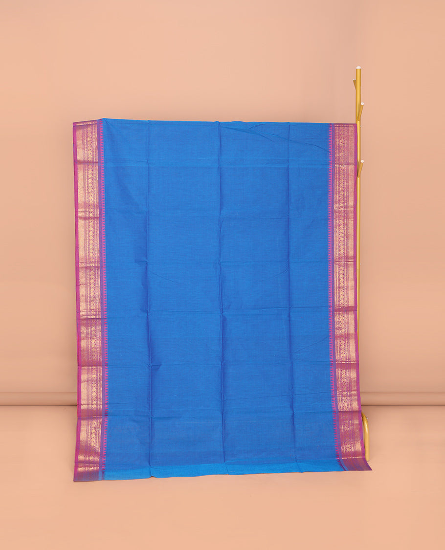 Blue Plain Chettinad Cotton Saree, Complemented by Contrast Traditional Design Temple Border, Striped Pallu, and Paired with a Matching Blouse