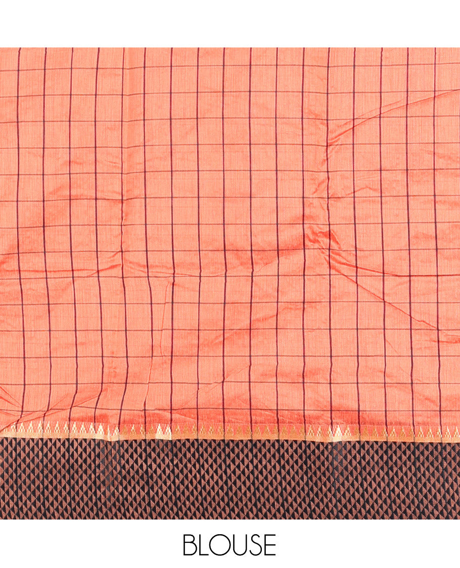Pink Checked Mercerised Cotton Saree, Contrast Temple Ara Maadam Border, Striped Pallu, and Matching Blouse