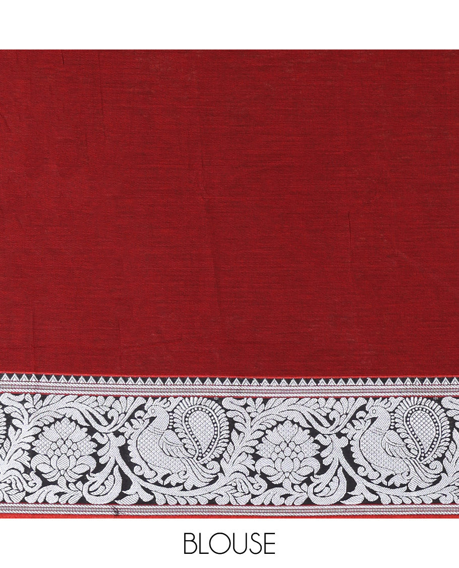 Maroon Plain Mercerised Cotton Saree, Highlighted by a Self-Border of Temple, Peacock, and Floral Designs, Striped Pallu, and Paired with a Matching Blouse