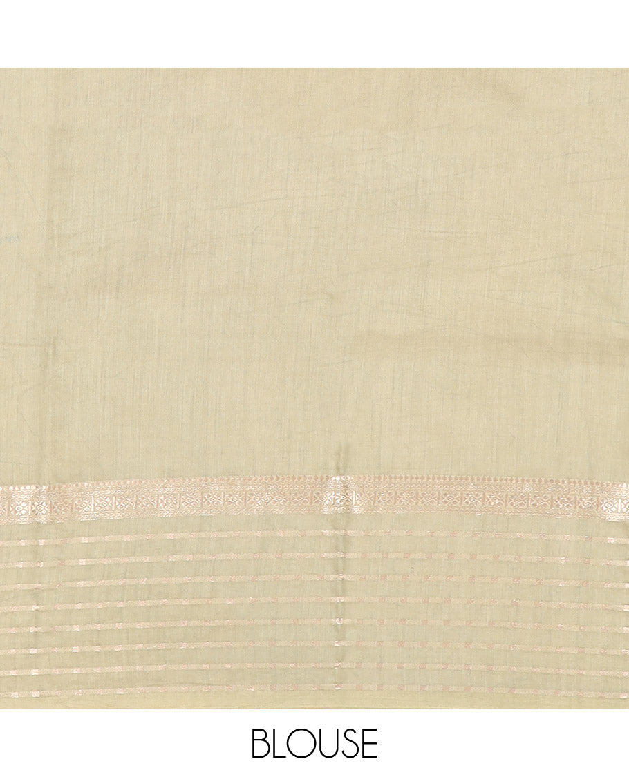 Sandal Plain Assam Silk Saree, Complemented by a Contrast Traditional Zari Design Border, Pallu Steeped with Zari Stripes, and Paired with a Contrast Blouse