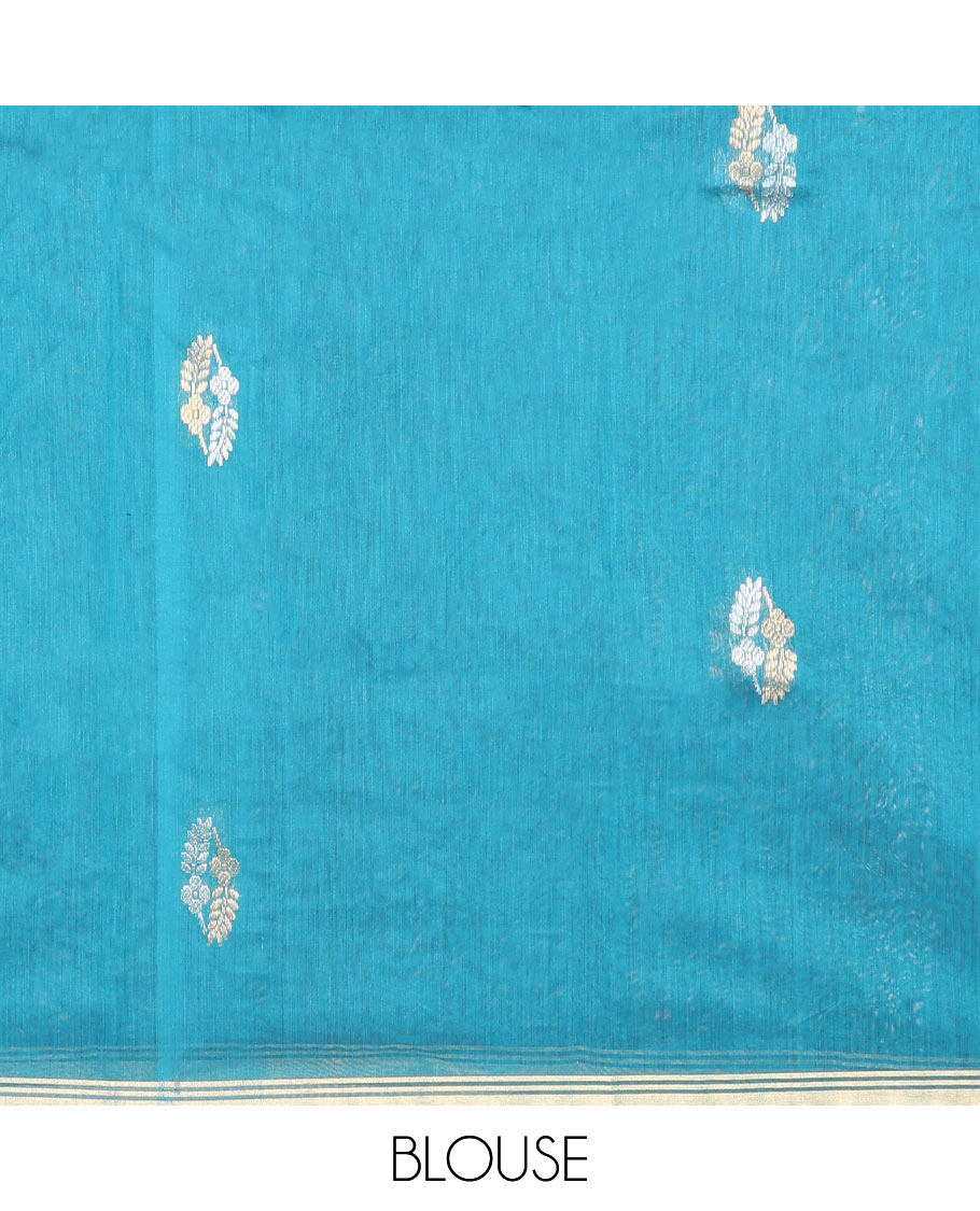 Blue Chanderi Cotton Saree, Decorated with Zari Buttas All Over Its Body, Highlighted by a Zari Piping Border, Pallu Steeped with Zari Buttas, and Paired with a Matching Blouse