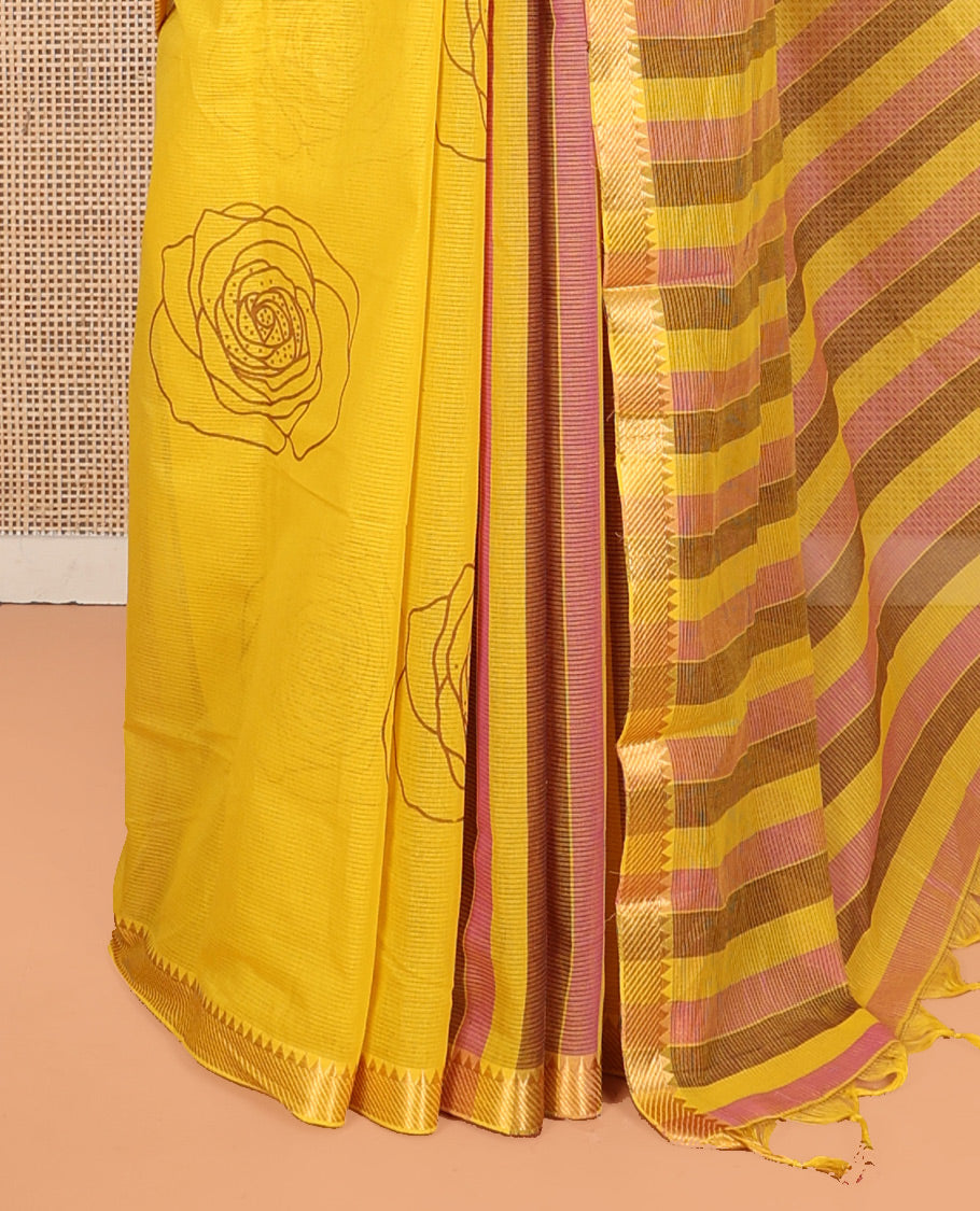 Yellow Striped Andhra Cotton Saree, Bedecked with Floral Motifs Print, Highlighted by a Temple Zari Border, Contrast Striped Pallu, and a Contrast Blouse