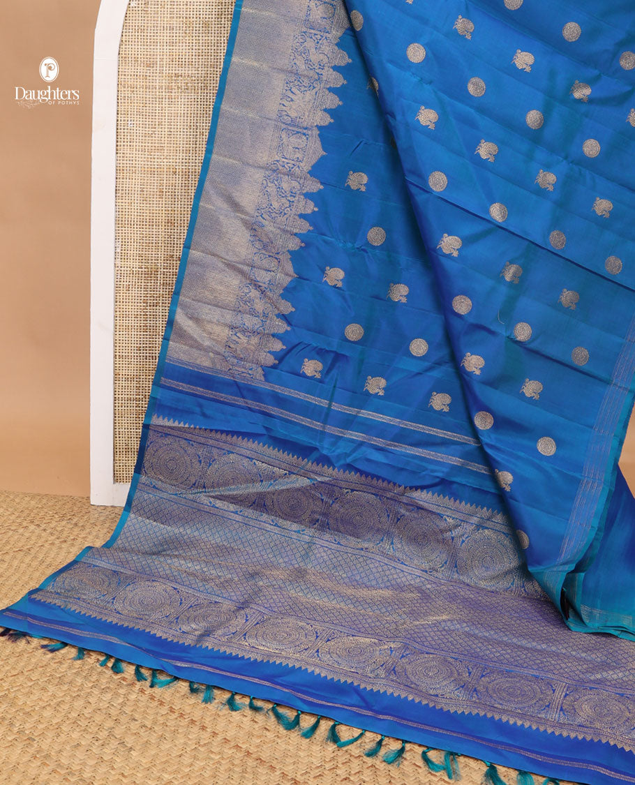Blue motifs kancheepuran silk saree with self border of yanaai, mayil, Kuthirai, kuyil kann design & zari design pallu