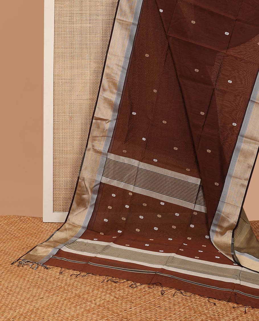 Brown floral motifs maheshwari cotton saree with self zari design border & striped, motifs pallu