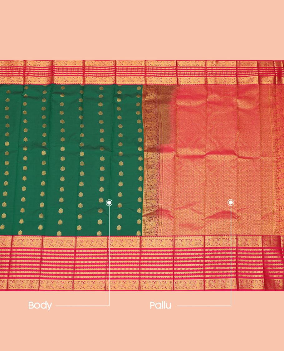 Green Budget Silk Saree, Embellished with Zari Buttas, Complemented by a Contrast Traditional Border, Grand Pallu, and a Contrast Blouse