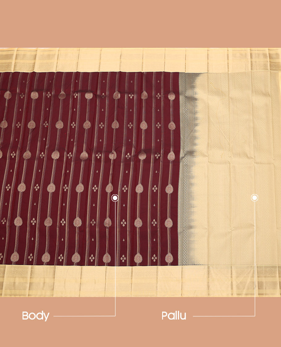 Brown Budget Silk Saree, Embellished with Zari Designs, Complemented by a Contrast Traditional Zari Border, Sparsely Woven Pallu, and a Contrast Blouse