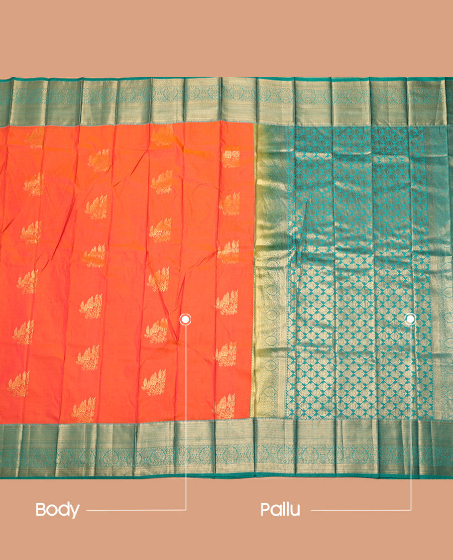 Orange Budget Silk Saree, Detailed with Zari Buttas, Complemented by a Contrast Traditional Zari Border, Grand Pallu, and a Contrast Blouse