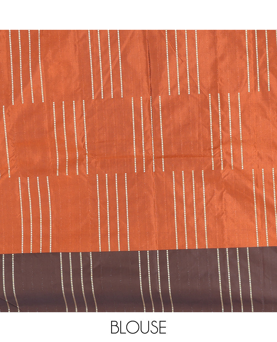 Brown Aarani Silk Saree, Subtly Enriched with Zari Stripes All Over Its Body, Complemented by a Contrast Zari Stripes Border, Pallu of Stripes, and Paired with a Matching Blouse