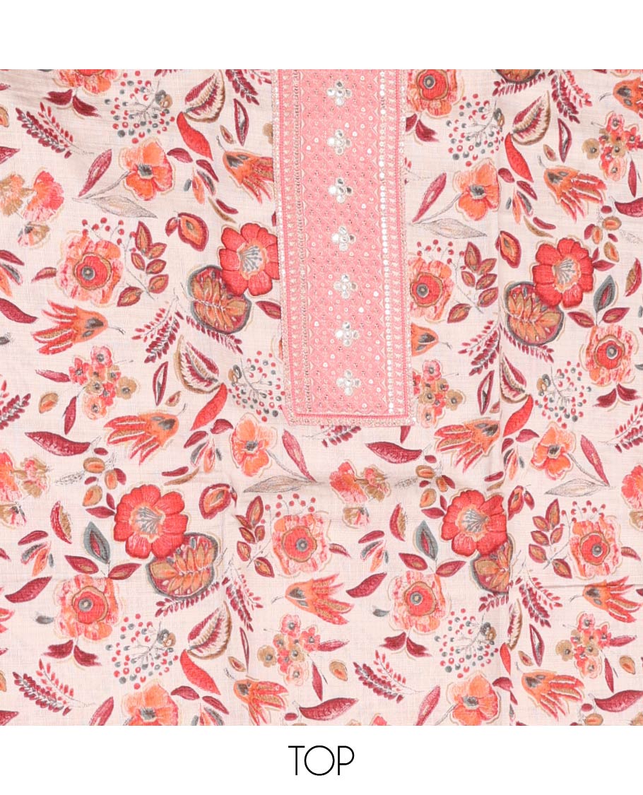 Cream Material Chudidar Set, Featuring Meenakari-Style Floral Vine Printed and Neck Embroidered Rayon Top, Complemented by Contrast Plain Rayon Bottom, and Paired with Sequins and Thread Embroidered Chanderi Silk Dupatta