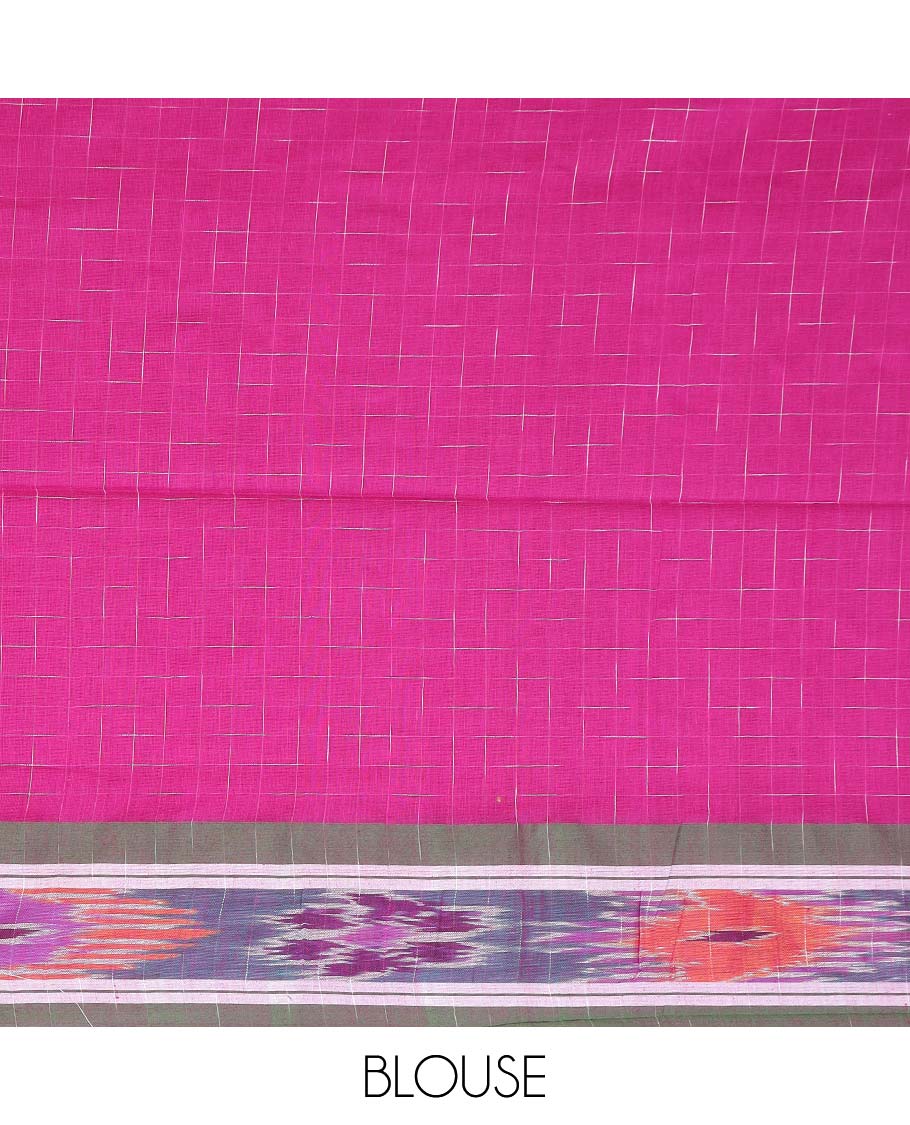 Pink checked design ikkat cotton saree with floral design border & floral design pallu