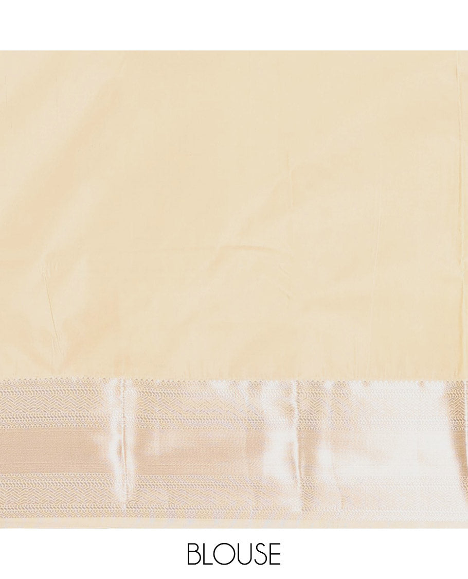 Honey Color Budget Silk Saree, Enriched with Zari Designs All Over Its Body, Complemented by a Contrast Border of Traditional Designs Woven in Zari, Pallu Detailed with Chevron Designs, and Paired with a Contrast Blouse