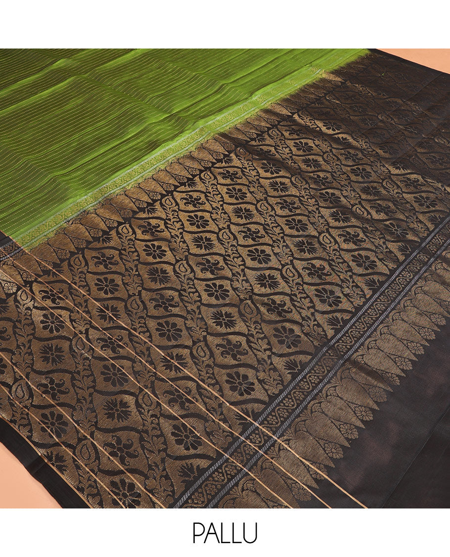 Green Mayuri Lite Silk Mix Saree, Sparsely Woven with Muthu Stripes, Complemented by a Contrast Checked Border of Mayil, Thazampoo Rekku, and Rudraksham Designs, Grand Pallu, and a Contrast Blouse