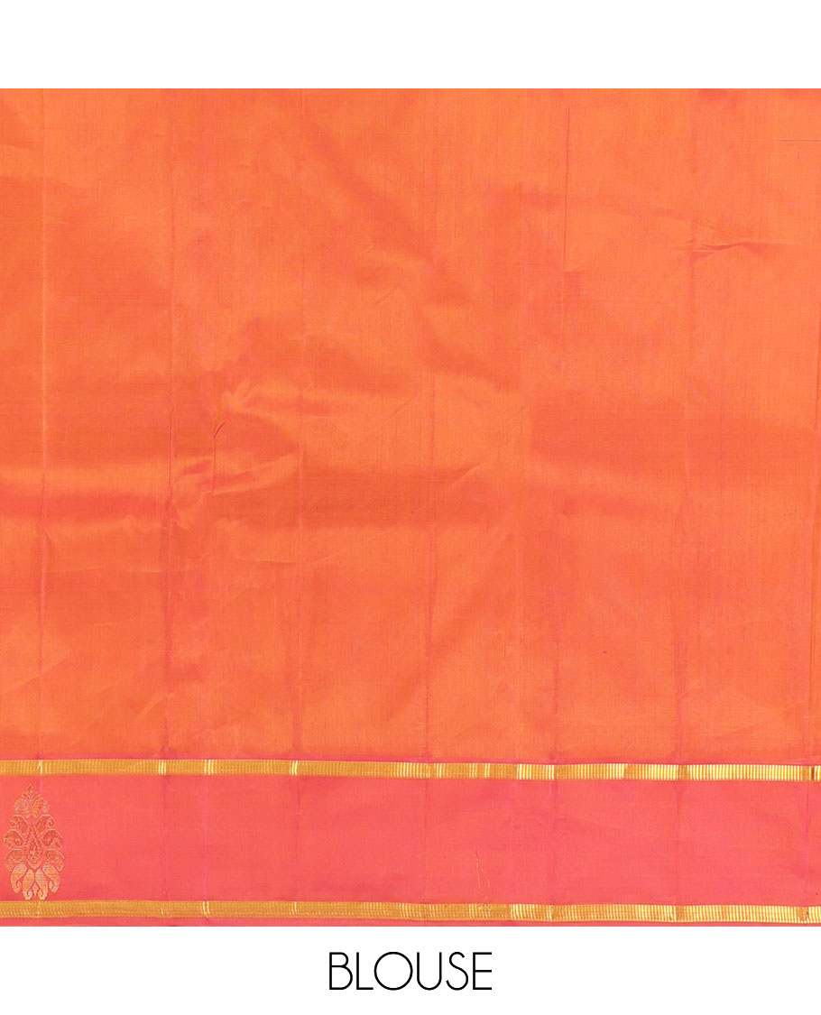 Yellow Kanchipuram Silk Saree, Woven with Zari Buttas, Complemented by Contrast Zari Motif Border, Pallu of Zari Design, and a Contrast Blouse