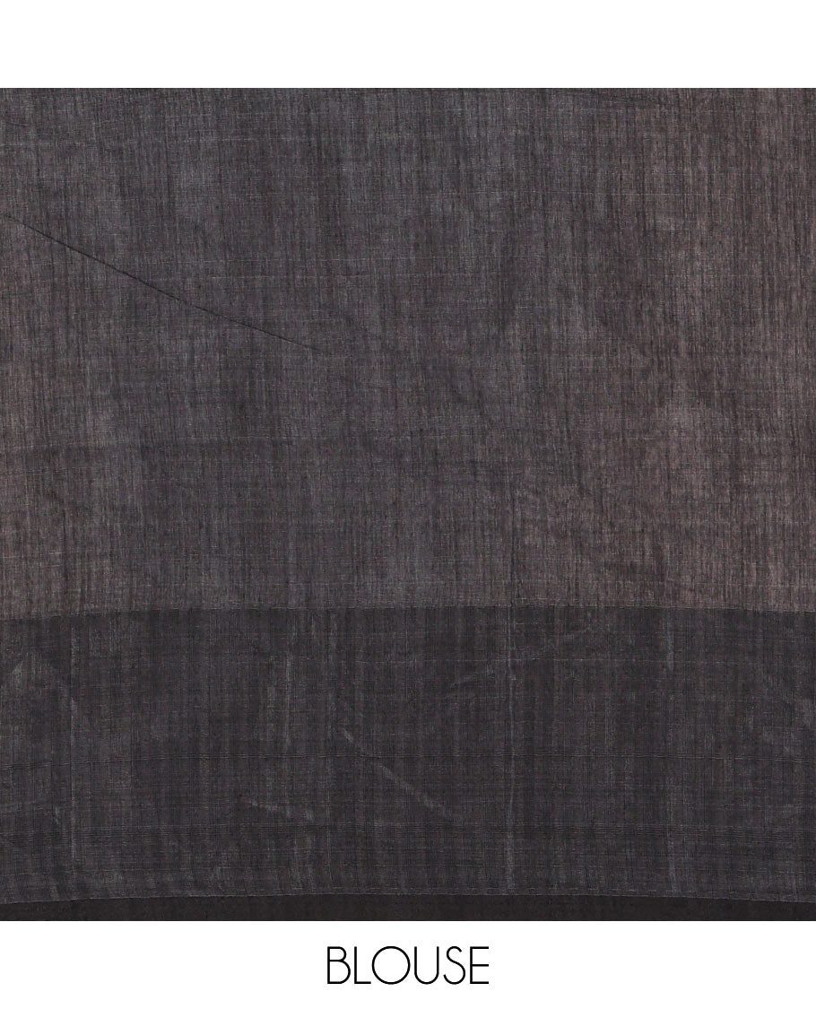 Half-white and grey plain khadi mul cotton saree, contrast thread temple border, plain pallu, and a contrast plain blouse