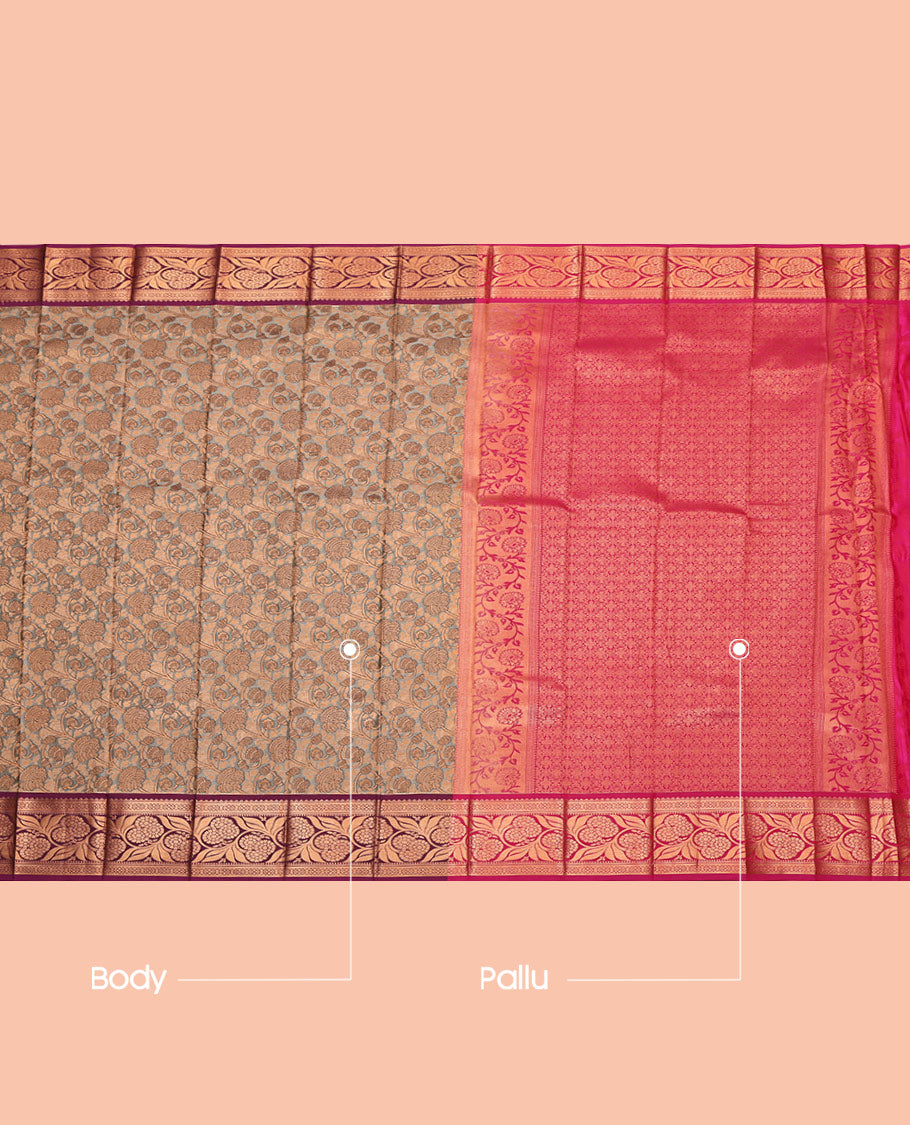 Grey Budget Silk Saree, Decked Up with Jacquard, Complemented by a Contrast Floral Creeper Zari Border, Grand Pallu, and a Contrast Blouse
