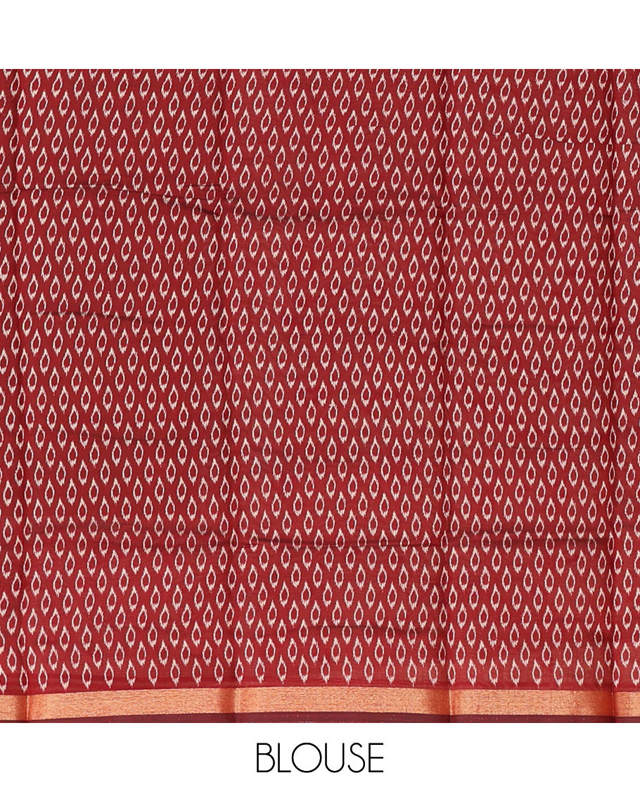 Green Mul Mul Cotton Saree, Enriched with Ikat Buttas, Contrast Kalamkari Floral-Peacock Border, Kalamkari Printed Pallu, and a Contrast Blouse