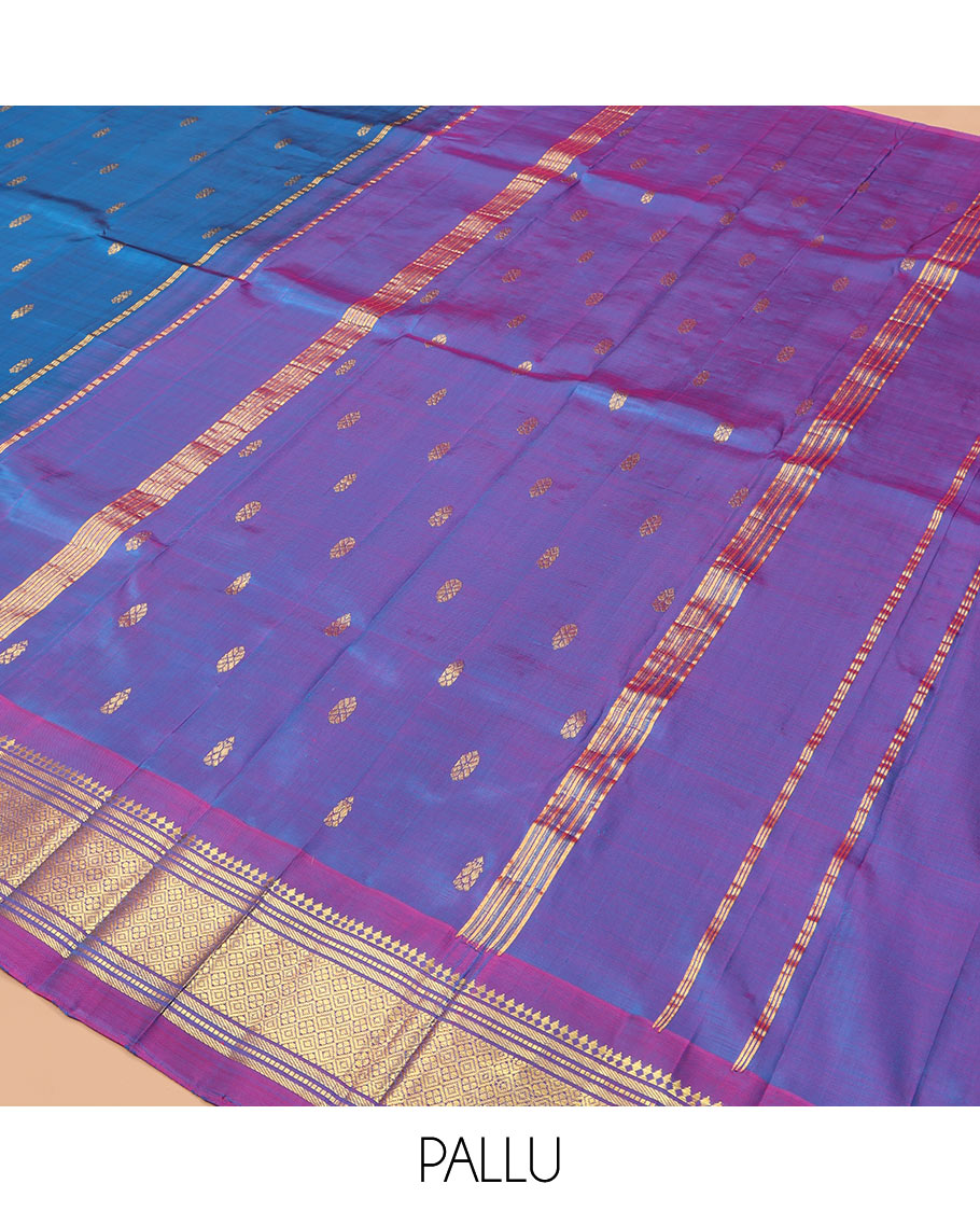 Blue Kanchipuram Silk Saree, Woven with Zari Buttas, a Contrast One-Sided Border of Panner Sombu, Banaras, Muthu, and Jaal Designs, Zari Design Pallu, and a No Blouse