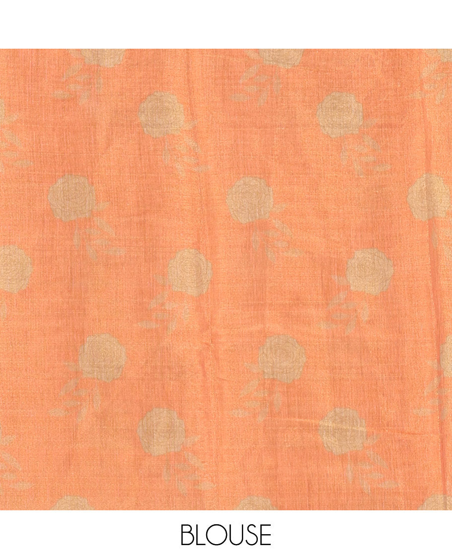 Gold and orange rose motifs printed with mirror work tissue saree, scallop embroidered border, printed pallu, and a contrast blouse