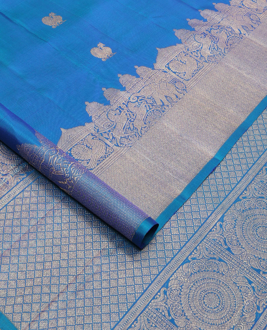 Blue motifs kancheepuran silk saree with self border of yanaai, mayil, Kuthirai, kuyil kann design & zari design pallu