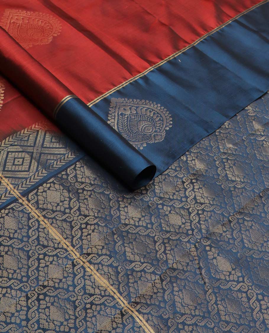 Red zari buttas silk mix saree, contrast zari buttas border & zari-rich intricate jaal pallu