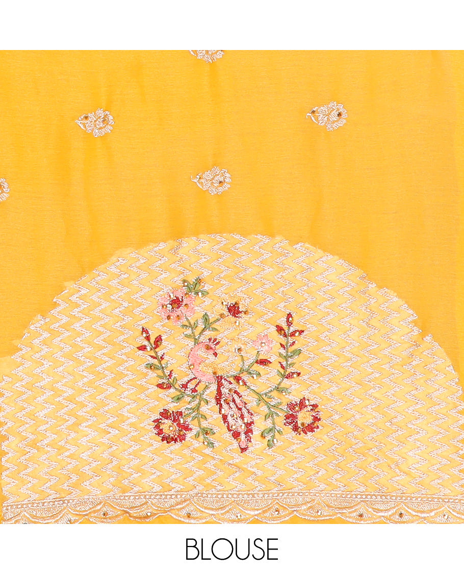 Yellow floral motifs embroidery half saree with contrast with floral vine embroidery border , embridery blouse & floral embroidery scallop border dhavani