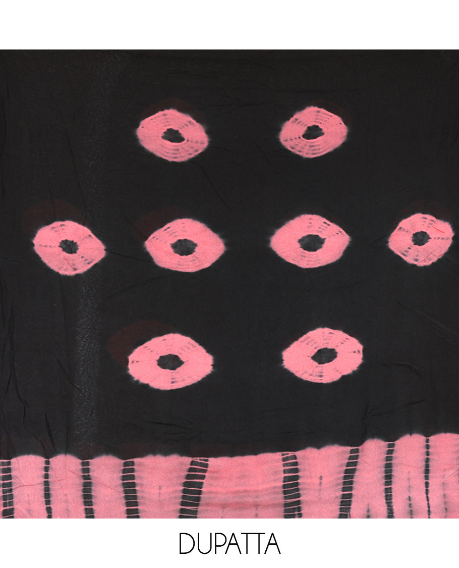 Black and Onion Pink Material Chudidar Set , Elevated with Shibori Printed Viscose Georgette Top, a Contrast Plain Bottom, Paired with Shibori Printed Dupatta