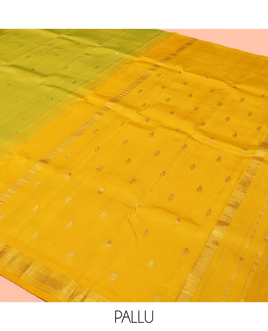 Green Kanchipuram Silk Saree, Accentuated with Zari Buttas, a Contrast One-Sided Border of Banaras, Muthu, and Mayil Kannu, Zari Design Pallu, and No Blouse