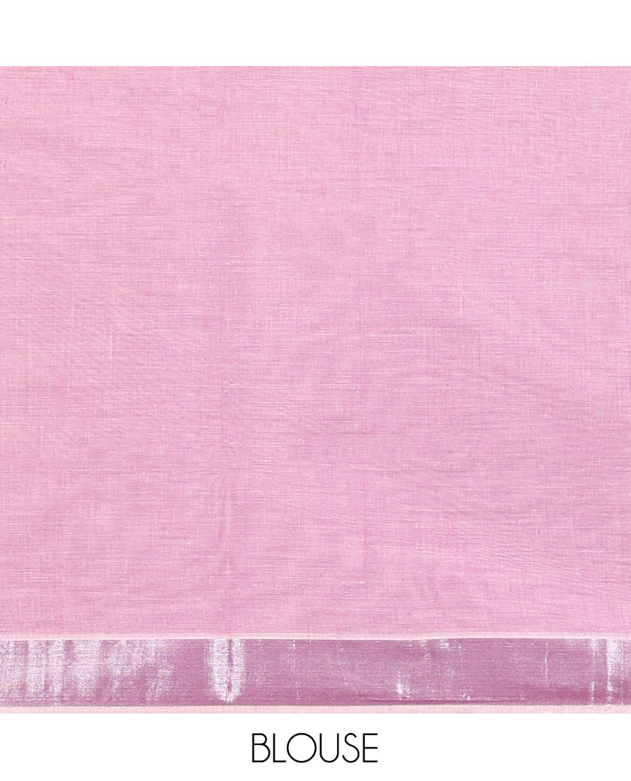 Pink Kerala Cotton Saree, Highlighted by Buttas All Over Its Body, a Zari Bavanji Border, Pallu of Intricate Designs, and Paired with a Matching Blouse