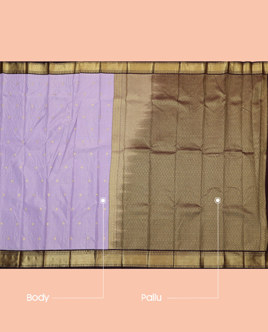 Lavender Budget Silk Saree, Beautifully Bedecked with Zari Buttas and Stripes, Complemented by a Contrast Traditional Zari Border, Jaal Pallu, and a Contrast Blouse
