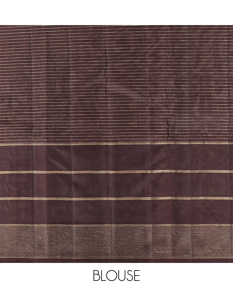Pink Striped Kanchipuram Silk Saree, Complemented by Contrast Maan Butta Enclosed Checked Border, Jaal Pallu, and a Contrast Blouse