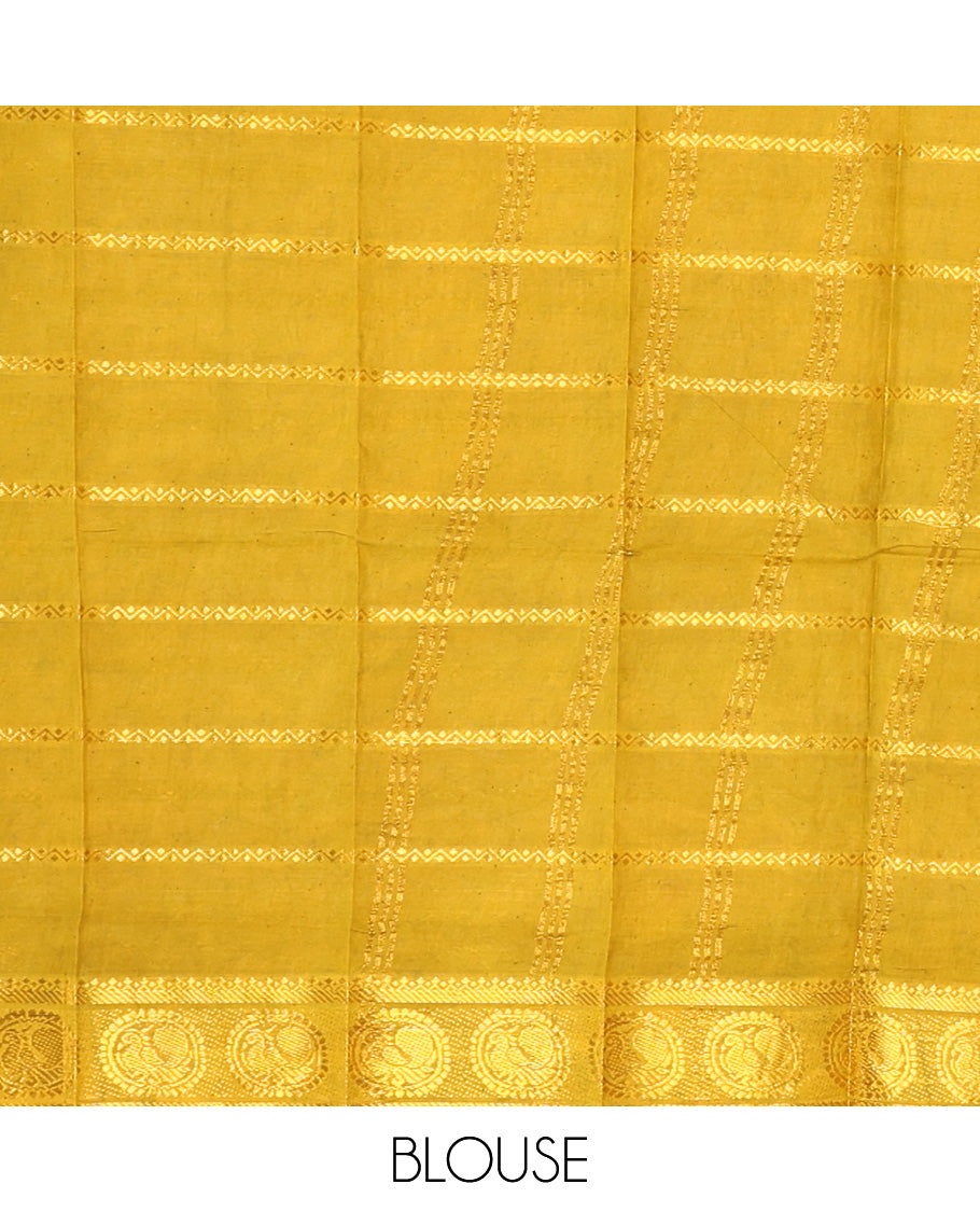 Maroon Sungudi Cotton Saree, Mesmerized with Zari Checks on Its Body, Complemented by a Contrast Traditional Zari Border of Big Peacocks, Zari-Striped Pallu, and Paired with a Contrast Blouse