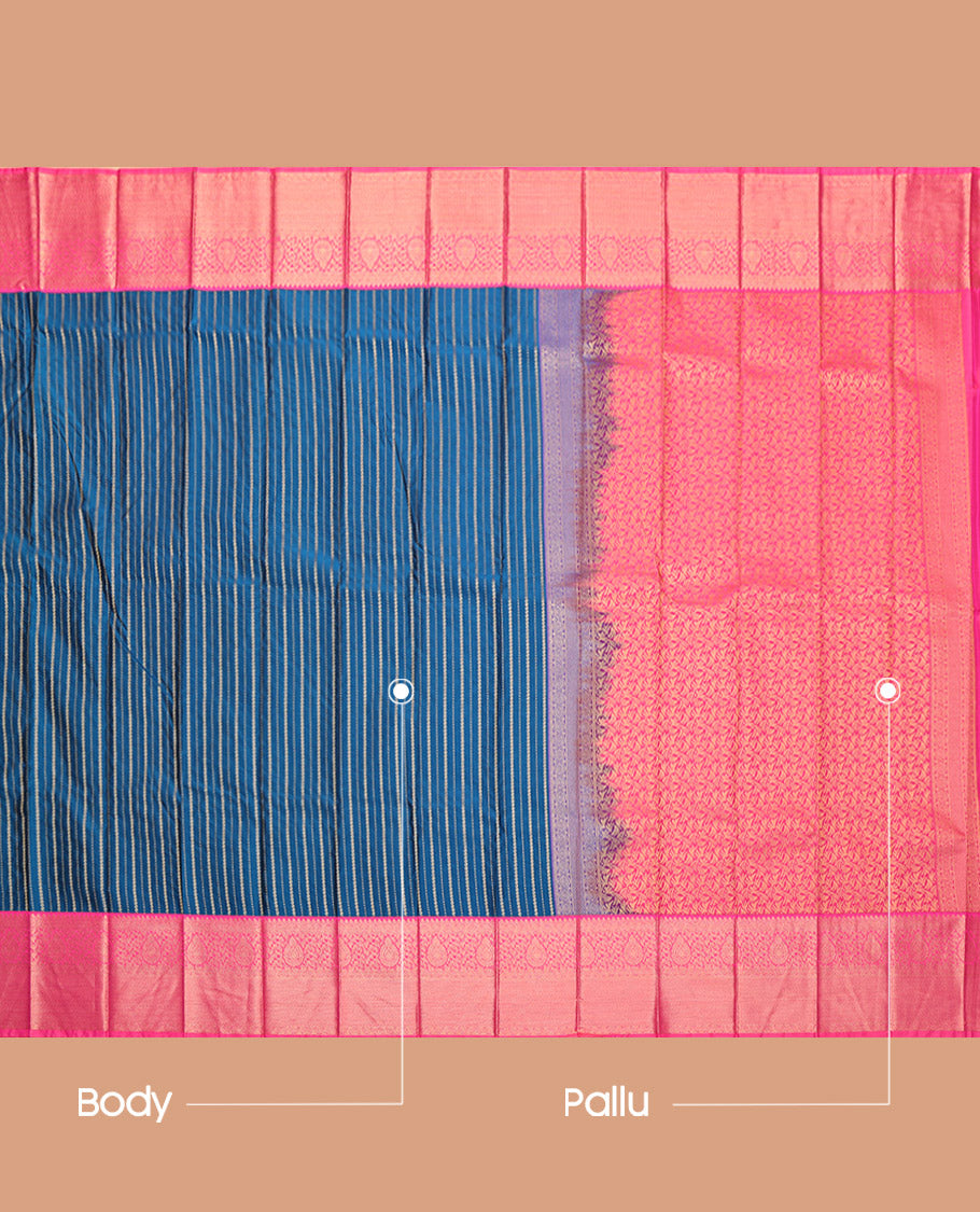 Blue Budget Silk Saree, Embellished with Zari Stripes, Complemented by a Contrast Traditional Zari Border, Grand Pallu, and a Contrast Blouse